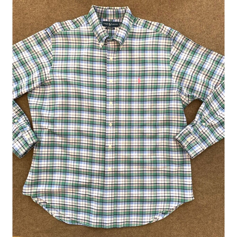 Ralph Lauren Shirt Mens XL Oxford Twill Classic Fit Plaid Preppy Long Sleeve